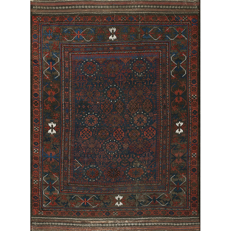 Rectangle Hand Knotted Pile Allover Geometric 1890s Wool Blue Antique Rug