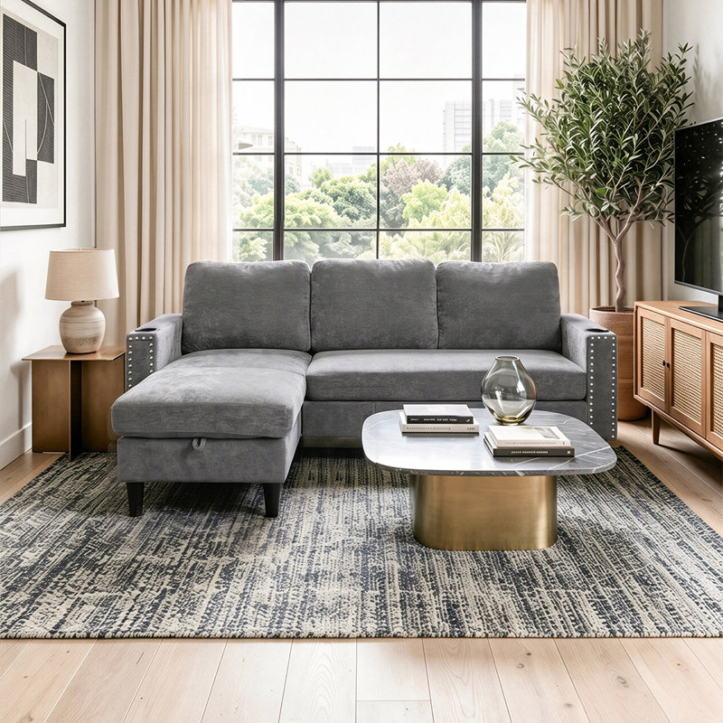Upholstered L-Shaped 3-Seater Sectional Sofa with Footstool, Grey