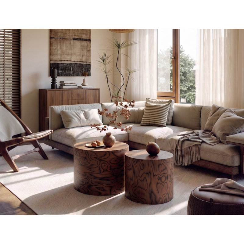 Ensemble de 2 tables basses gigognes rondes, table d'appoint en forme de souche d'arbre, sans assemblage, table d'appoint rustique à grain de tourbillon naturel pour le salon, décor de maison de campagne moderne Wabi-Sabi, pommeau brun