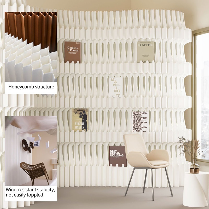 Paravent de séparation autoportant en papier accordéon avec fentes d'exposition de livres à plusieurs niveaux, cloison décorative pliable, étagère à livres sur pied à forme flexible pour la maison et les événements commerciaux, H 78,7 po × L 196,9 po × P 16,9 po