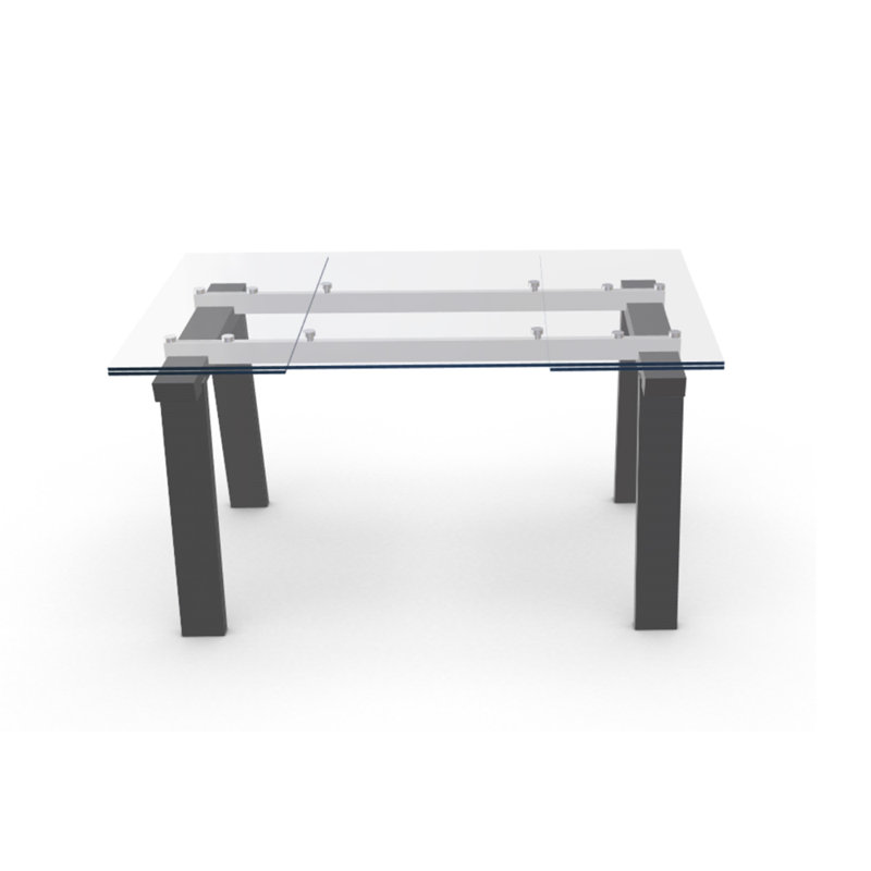 Levante Glass Extendable Table with Wooden Legs, Clear/Black, 30"H x 55.13"L x 35.5"W