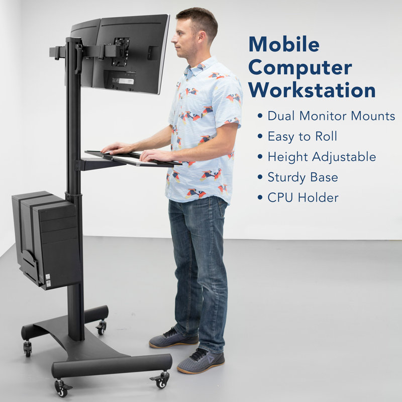 Adjustable Black Steel Mobile Dual Monitor Computer Cart