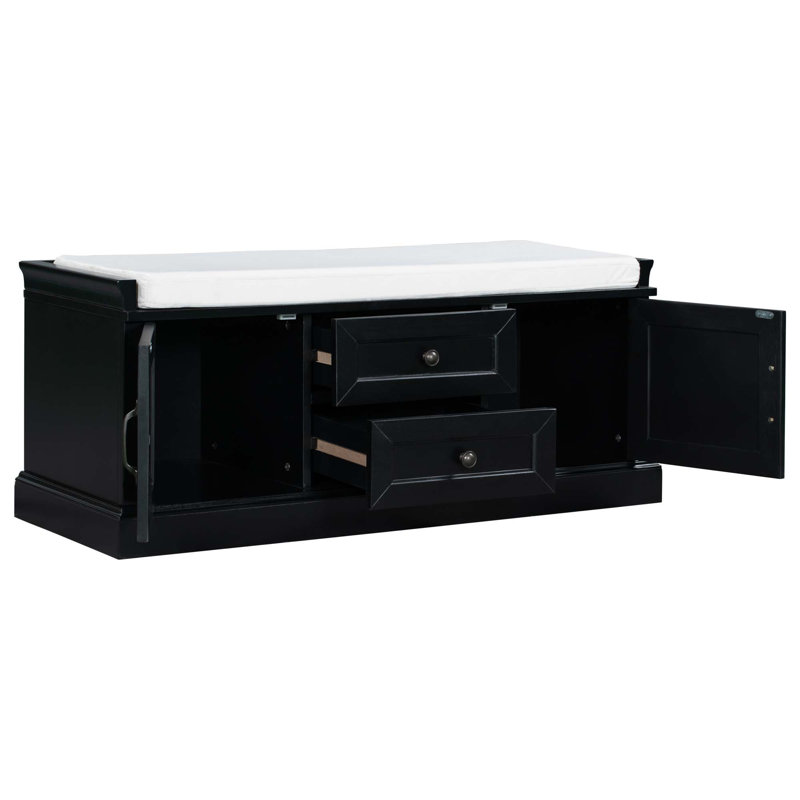 Storage Bench with Cushion, 2 Drawers and 2 Cabinets, Removable Cushion, for Living Room, Entryway, Black