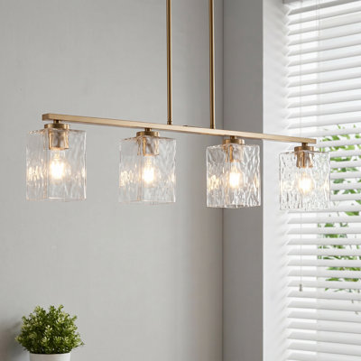 34" 4-Light Antique Brass Linear Kitchen Island Pendant Light with Hammered Glass Shade