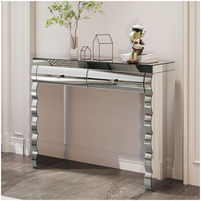 Console à miroir, coiffeuse argentée pour miroir incurvé cuit au four avec 2 tiroirs, table d'appoint décorative en miroir convenant au couloir et au salon, coiffeuse à miroir