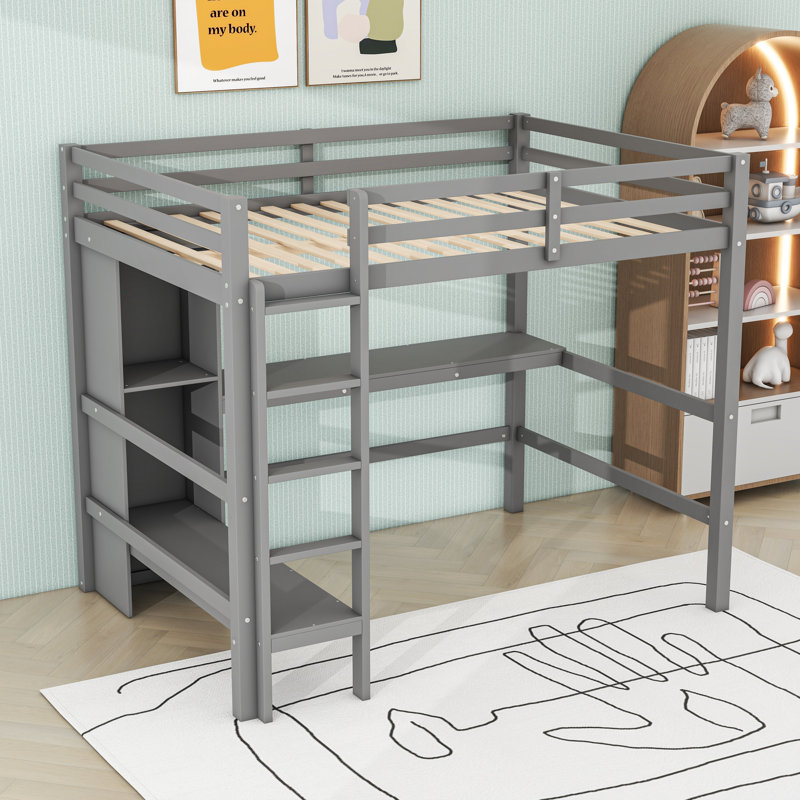 Lit mezzanine double avec tablettes et bureau, gris