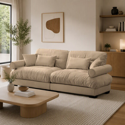 Large Size Modern Two-seater Sofa with Bolstered Armrests, 2-Seater Sofa With Waist Pillows and Throw Pillows