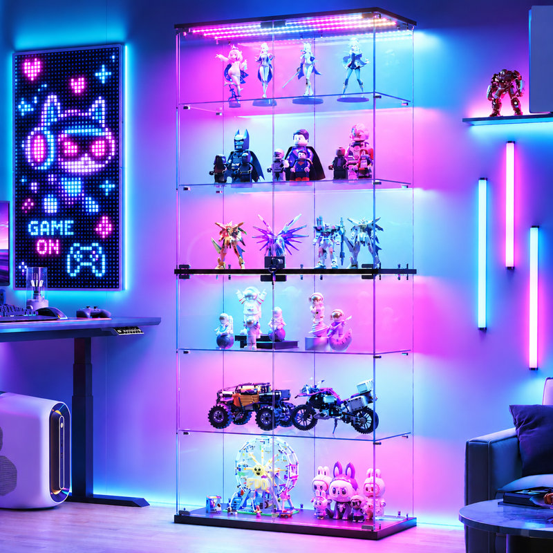 6-Tier Glass Display Cabinet with RGB Lights & Lock, Solid Wood Top, Middle Shelf & Bottom Panel, Black