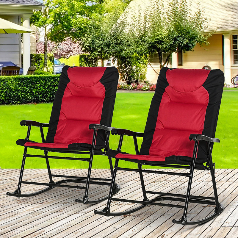 Ensemble de mobilier d'extérieur 2 pièces avec 2 chaises berçantes pliantes rembourrées, style bistro pour porche, camping, balcon, rouge