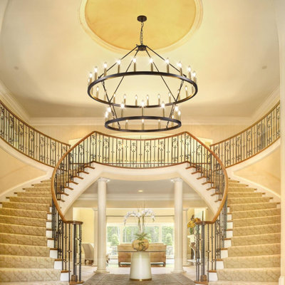 36-Lights 2 Tier Wagon Wheel Chandelier, 47 Inch Large Chandeliers For High Ceilings, Farmhouse Dining Room Light Fixture, Black And Gold Round Chandeliers, For Foyer Staircase Entryway