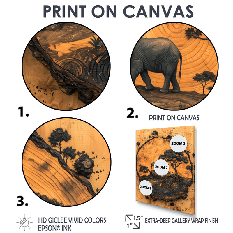 Éléphant d'Innsbrook sous le baobab, glissade sur bois II - impressions sur toile d'éléphants, H 40 po x l 30 po, Noir