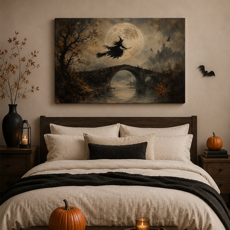 Art mural sur toile, "Sombre sorcière volant sur un pont de pierre", 18"H x 24"W