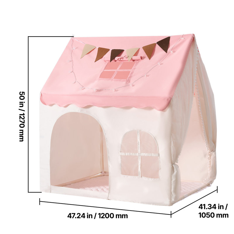 Tente de jeu pour enfants, structure en PVC, avec tapis rembourré rose, utilisable à l'intérieur et à l'extérieur, coin lecture/sieste, sac de transport, drapeau, fenêtre aérée et guirlande lumineuse étoilée.