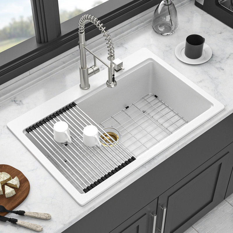 Quartz Kitchen Sink - 33" X 22" X 9.65" White Granite Composite Workstation Drop-In Kitchen Sink, SIlver