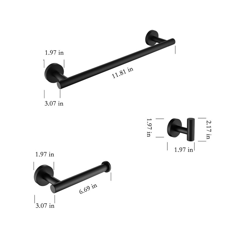 Matte Black Bathroom Hardware Sus304 Stainless Steel - 3 Pieces. Comprises Towel Bar, Toilet Paper Holder, Robe Hook. Rust-, Heavy Duty, Scratch-. Modern Design. Simple Installation. Mounting