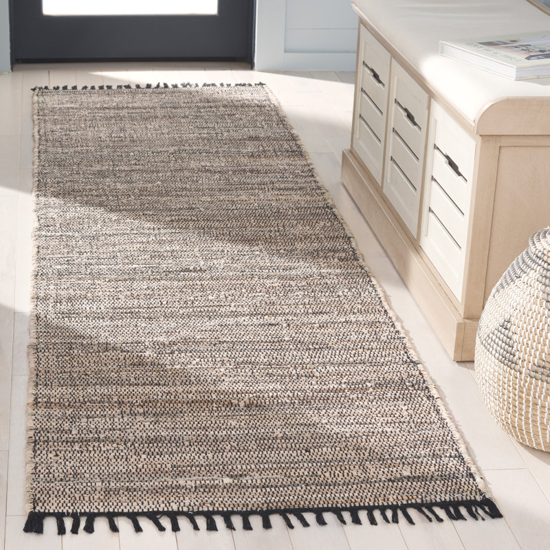 Abiodun Hand Woven Denim/Cotton Rug in Black/Beige, Runner 2'3" x 8'