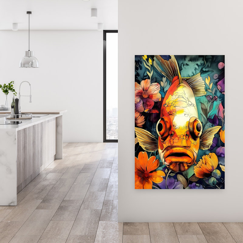 «Vibrant Floral Koi Contemporary Fish Flower», art mural, 48" H x 32" W