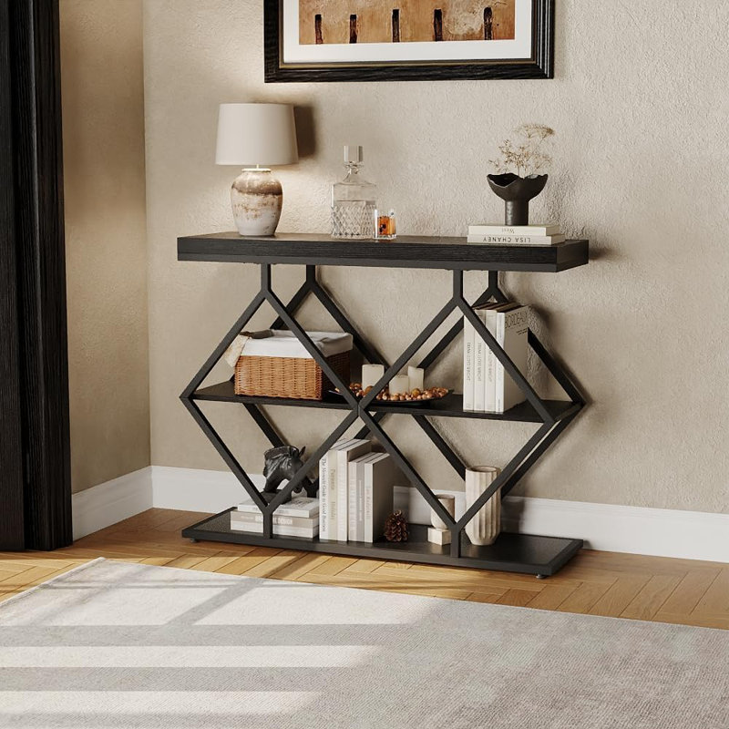 Console moderne à structure métallique en losange - Table d'appoint industrielle à 3 niveaux pour entrée ou salon - Étagères de rangement ouvertes - Bois d'ingénierie durable - Montage facile - Finition bois noir veiné