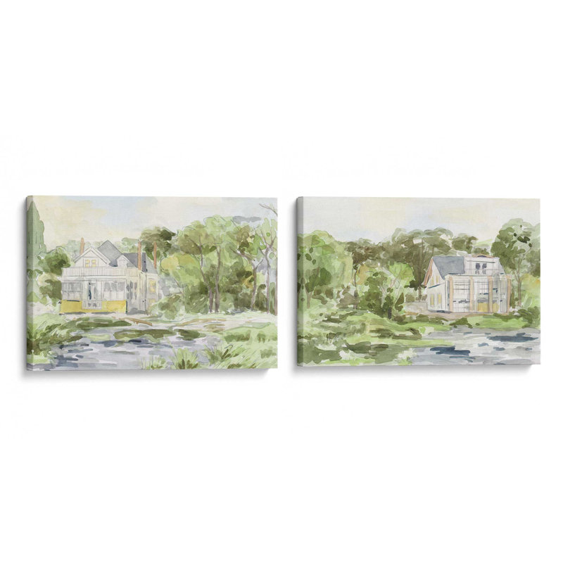 Cozy Green Escape, ensemble de 2 impressions, 48" x 32", Wrapped Canvas, Wrapped Canvas