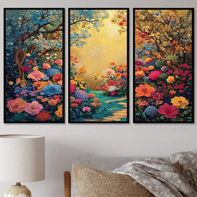 Ensemble de reproduction d'art mural, "Fleurs de campagne", Cadre flottant noir, H 32 po x l 48 po x P 1 po