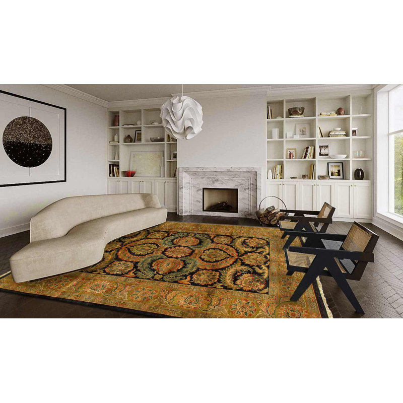 Tapis noir en laine d'agneau rectangulaire unique 13 pi 11 po x 10 pi Agra