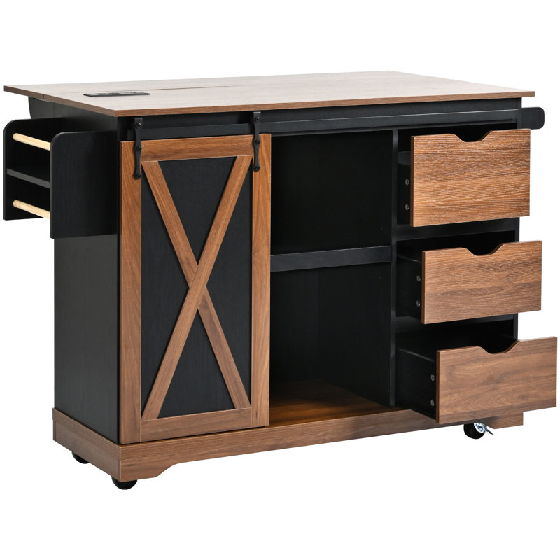 55.5 - Inch Kitchen Cart With Drop Leaf, Barn Door, Charging Station, Adjustable Shelf, And Rolling Wheels, Black, For Organized Black 55.5" Island Sliding Storage Shelves, Spice Rack, Use