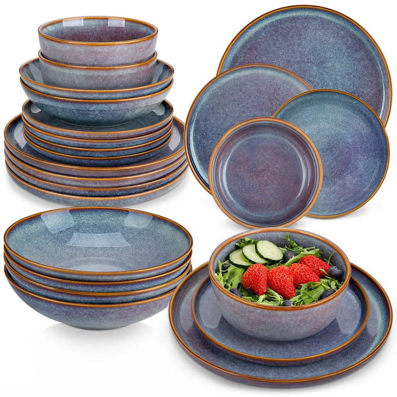 Service de table en grès 24 pièces pour 6 personnes avec finition vernis réactive réversible vancasso - comprend assiettes, assiettes à dessert, bols à pâtes et bols à céréales.