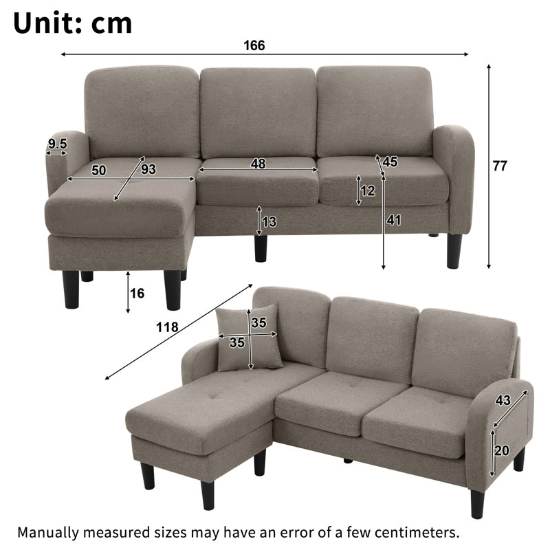Celis Beige Mix Grey Linen Fabric L-shaped Corner Sofa with Chaise Lounge – 3-Seater Sofa, Plastic Legs, Dark Grey Linen