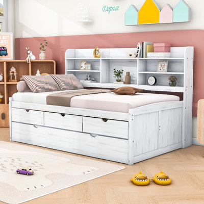 Shavada Twin Size Wooden Daybed with Built-in Bookshelves,Storage Drawers and Twin Trundle by Red Barrel Studio