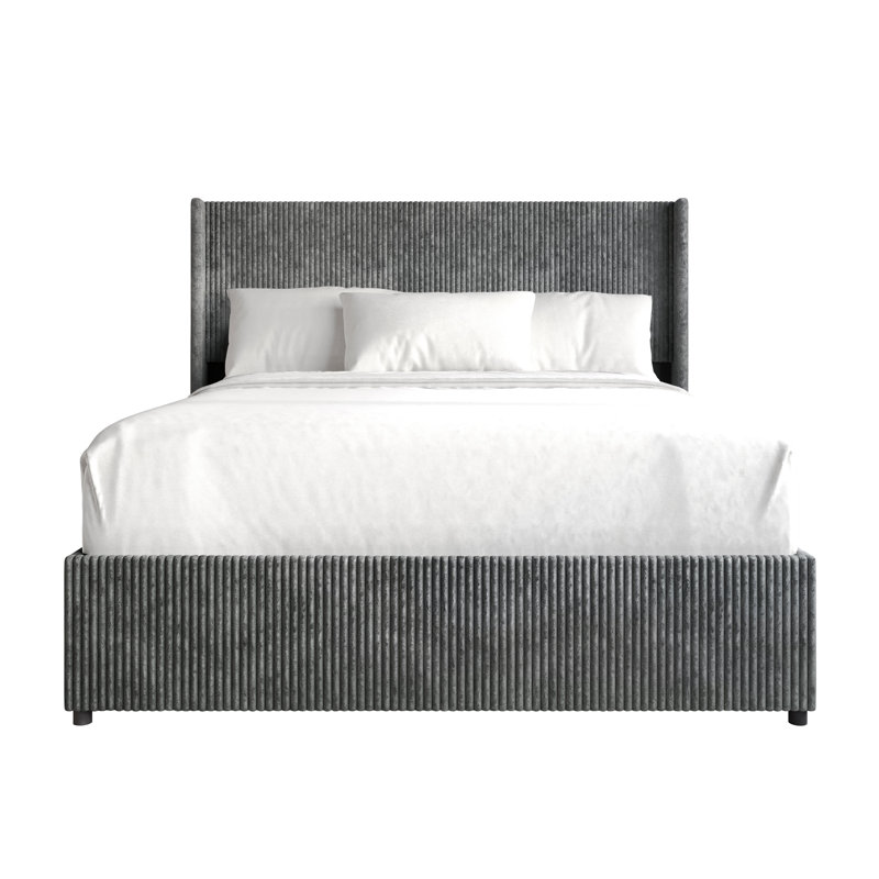 FULL SIZE WINGBACK PLATFORM LIFT UP STORAGE BED IN GREY VELVET, GREY, FULL
