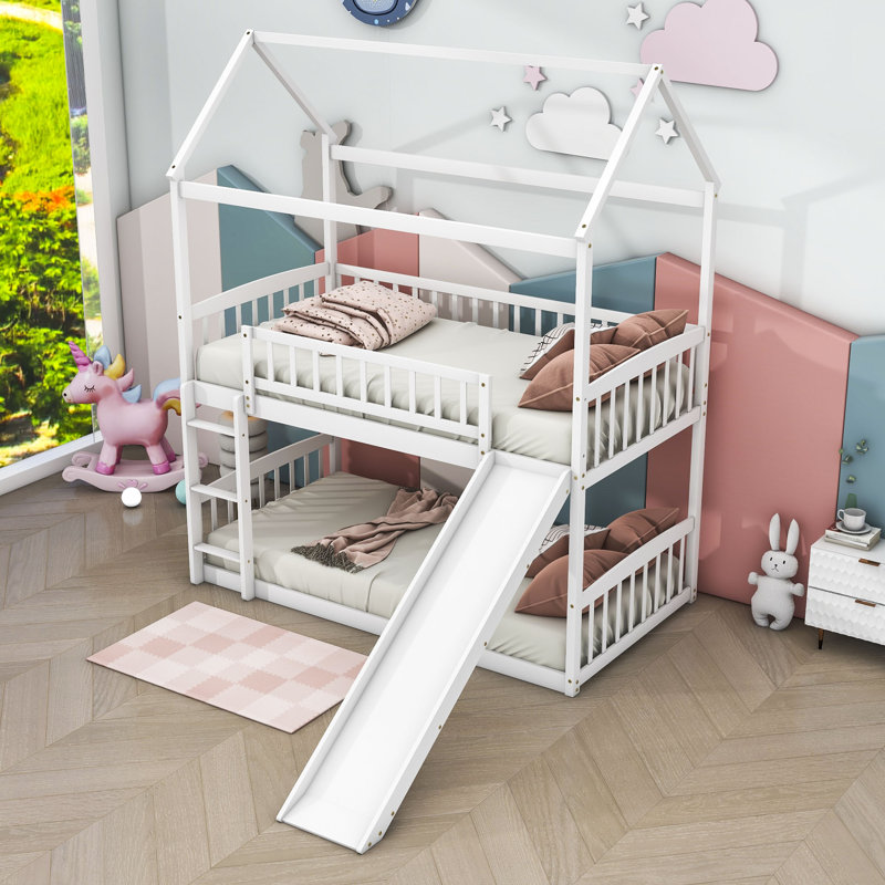 Twin Over Twin Wooden Standard Bunk Bed with Slide, White