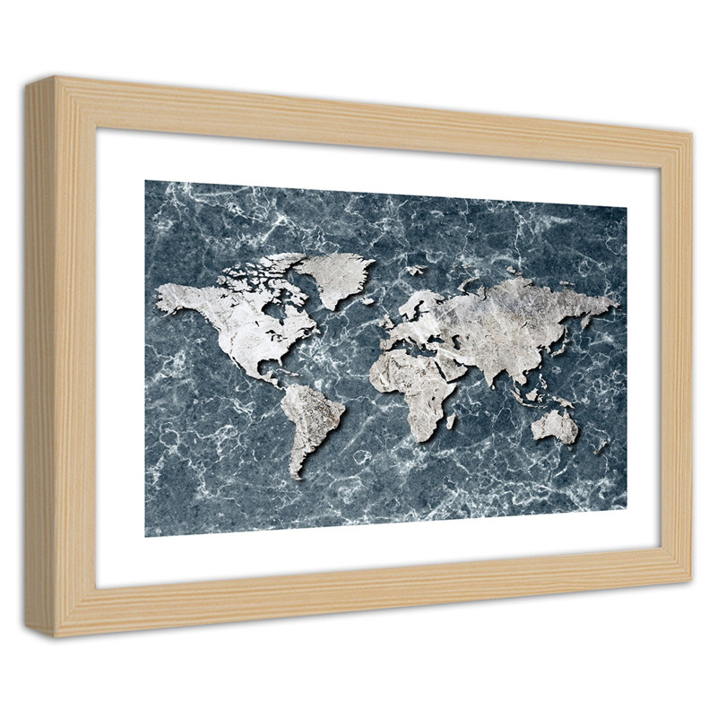 World Map In Marble Grey - Single Picture Frame Print, Tan, 60cm H x 90cm W