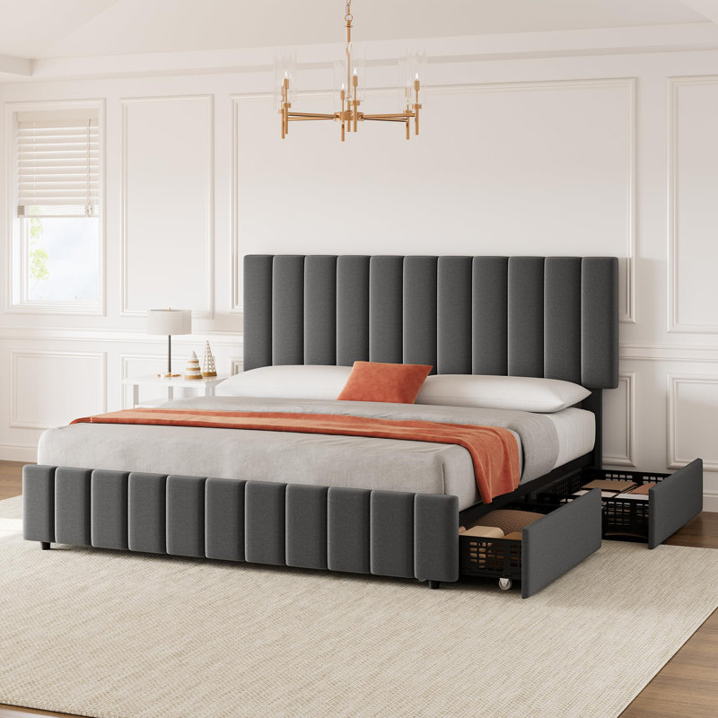 Lit plateforme rembourré avec 4 tiroirs de rangement, tête de lit capitonnée réglable en hauteur, sommier à lattes en bois, sans sommier tapissier, lit en tissu gris pour chambre à coucher ou appartement