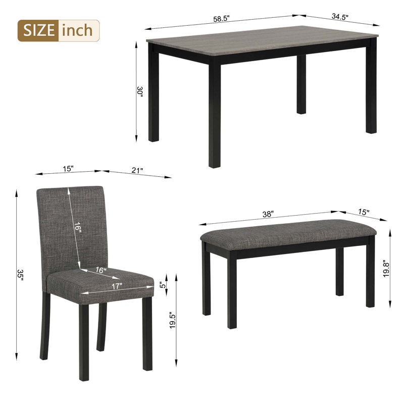 Ensemble de table à manger en bois 6 pièces, table en bois avec 4 chaises rembourrées et banc pour la cuisine, la salle à manger