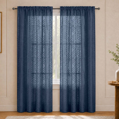 Rideaux semi-transparents bleu marine de 84 pouces de long, 2 panneaux, filtrant la lumière, jacquard géométrique, rideaux transparents texturés pour chambre à coucher, rideaux de fenêtre élégants et modernes, rideaux de 42 x 84 pouces