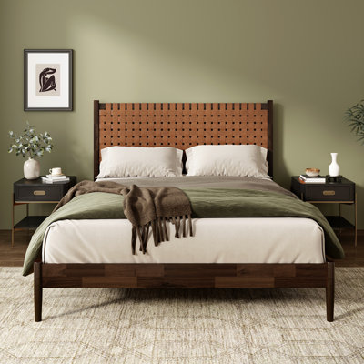 Lit plateforme très grand en bois d'acacia massif avec tête de lit en cuir végétalien tissé à la main, cadre de lit de style Mid-Century moderne, aucun sommier tapissier requis, brun foncé