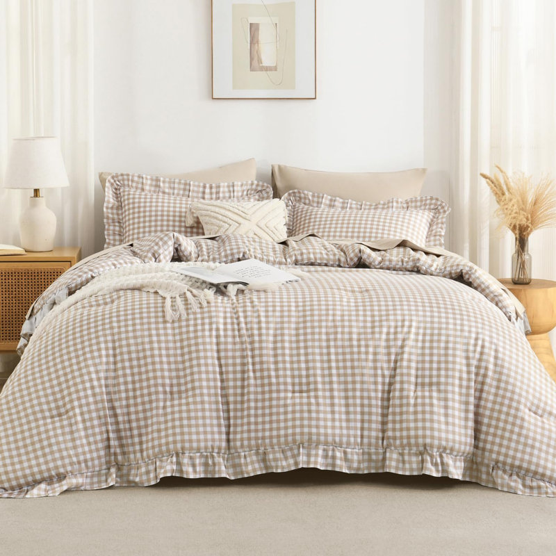 Andency Tan Gingham Ruffle Comforter Oversized King(120x98Inch), 3 Pieces(1 Ruffled Comforter and 2 Pillowcases) Solid Farmhouse Bed, Vintage Rustic Soft Microfiber Bedding Set