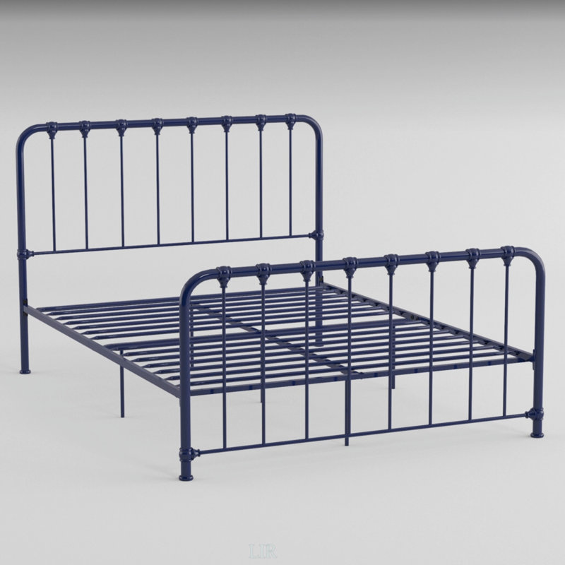 Élégant grand lit plateforme en métal bleu, facile à assembler et sans sommier, livraison compacte, Bleu, Grand lit