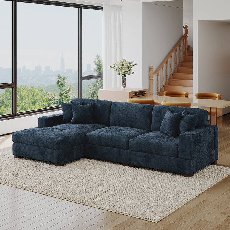 3 - Piece Upholstered Blue Chenille Modular Sectional Sofa with Armrests & Throw Pillows, Blue Chenille, Left Hand Facing