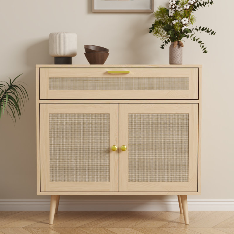 Furnify Rattan Sideboard Buffet Set Of 2, Boho Kitchen Cabinet With Drawer & 2 Doors, Modern Mid Century Accent Cabinet With Adjustable Shelf, Coffee Bar For Living Room, Entryway, Kitchen, Oak