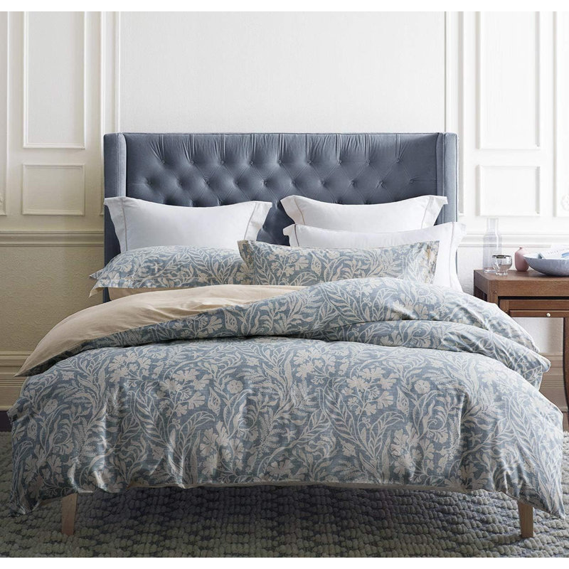 SLEEPBELLA Duvet Cover Queen Size, 600 Thread Count Cotton Beige & Bluish Grey Printed With Luxurious Leaves Pattern Reversible Botanical Comforter Cover Sets, Bedding Set 3Pcs