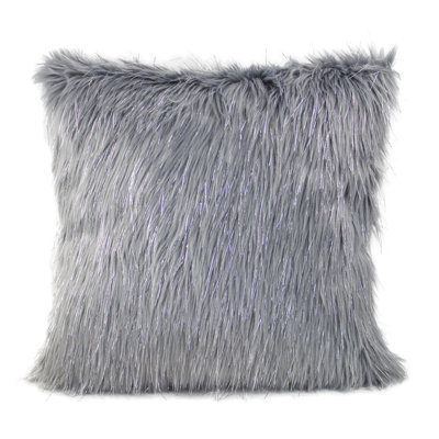 Grey Faux Fur With Silver Metallic Thread Pillow Cover 