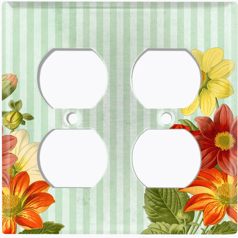 Metal Light Switch Plate Outlet Cover (Colourful Flowers Green Stripes Frame - Single Toggle)