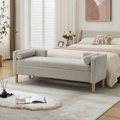Upholstered Flip-Top Storage Accent Bed Bench, Corduroy Footrest Ottoman With Armrest & Backrest & 2 Bolster Pillows Wood Legs