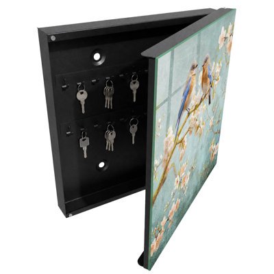 Key box for wall, Opens to the left, 30x30x5, Black, Pastel birds on a branch among flowers, 