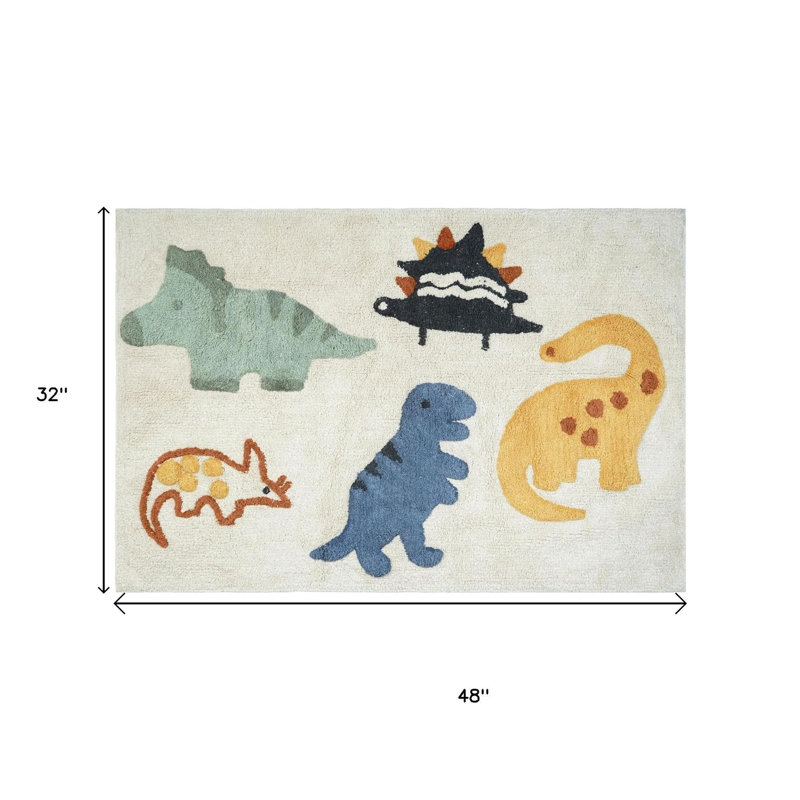 3' X 4' Ivory Blue And Yellow Dinosaurs Youthful Washable Area Rug