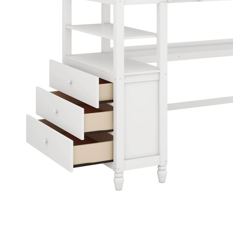 Lit mezzanine simple avec bureau, tiroirs et tablettes
