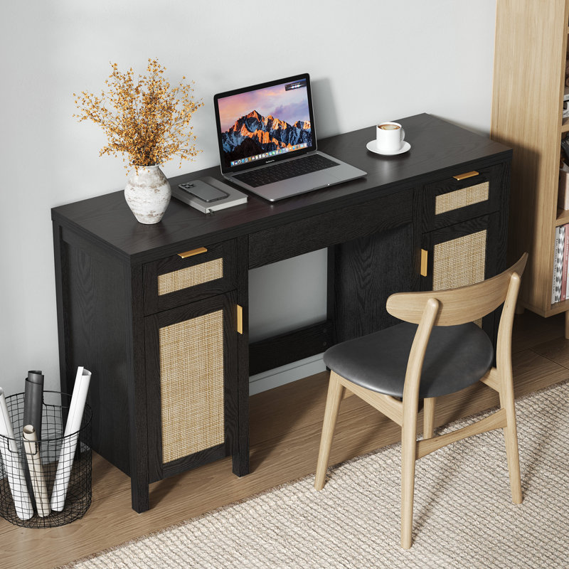Bohemian Rattan 3-Drawer And 2-Cabinet Makeup Vanity Desk With Adjustable Shelves, Black Oak