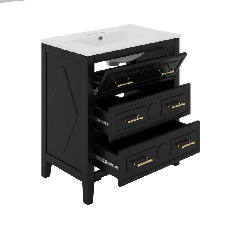 Ensemble de meuble-lavabo 30 po avec lavabo en céramique et 3 tiroirs, Noir, Doré