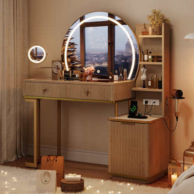 Makeup Vanity Desk with Lighted Mirror, 5X Magnifying Mirror, Glass Top and Charging Station, Natural
